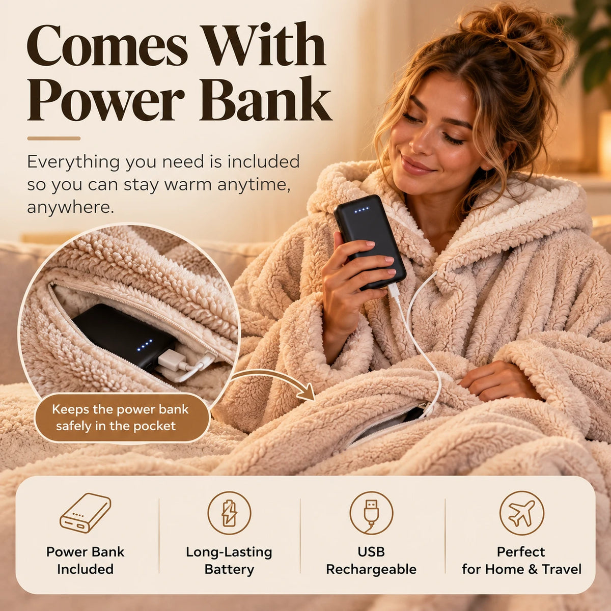 Woman wearing a wearable heated blanket at home