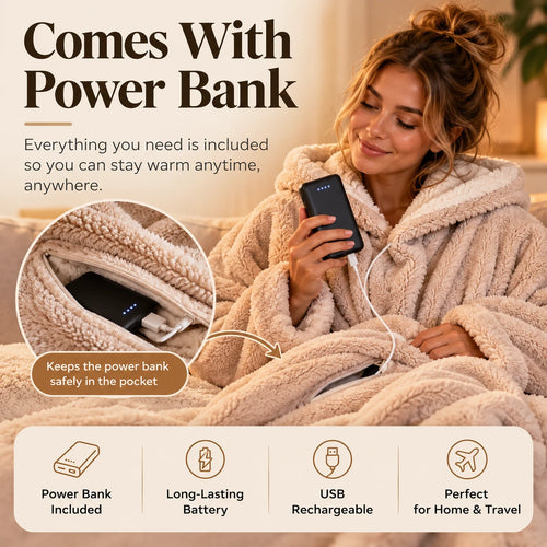 Woman wearing a wearable heated blanket at home